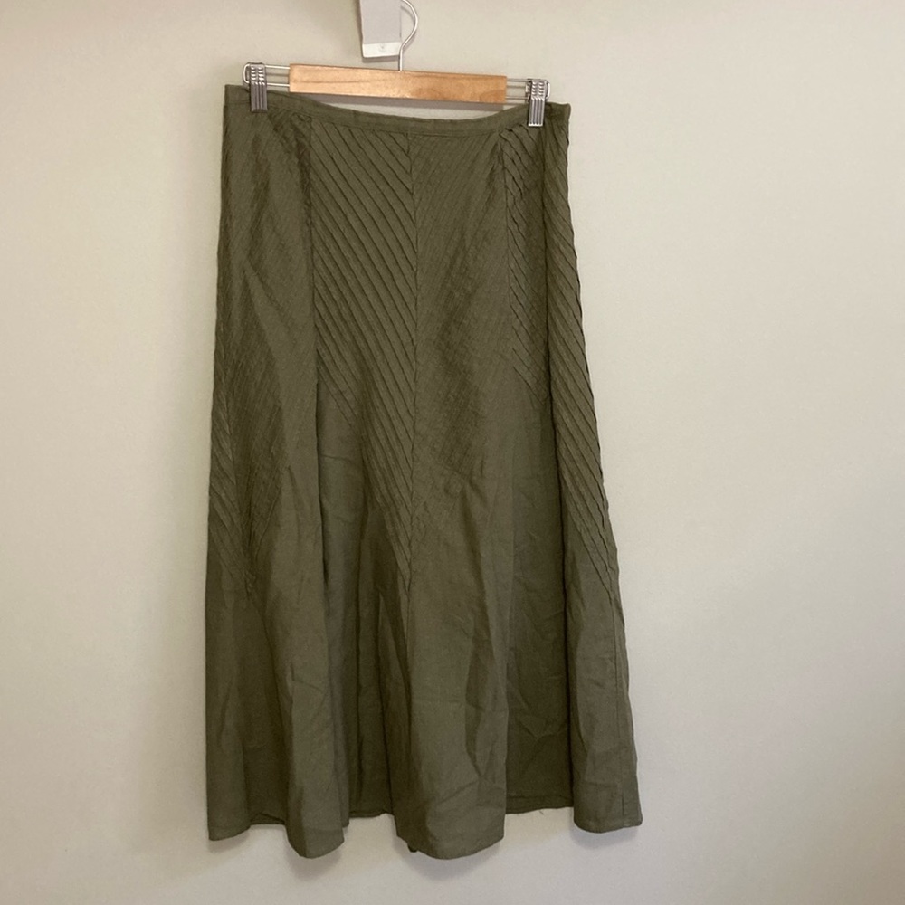 Peter Martin Size 6 Long Skirt Olive Green Lined Decorative Pleats Linen Blend